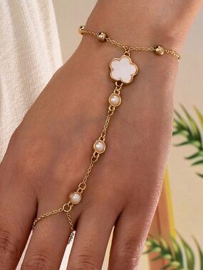 Gold Tone Faux Pearl Flower Ring Chain Bracelet
